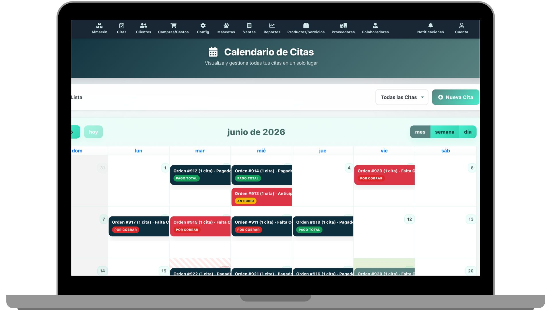 Calendario de citas de Pawcitas en computadora portátil