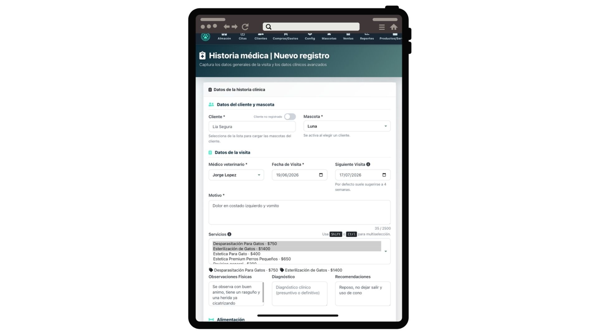 Formulario de historia médica de Pawcitas en tablet