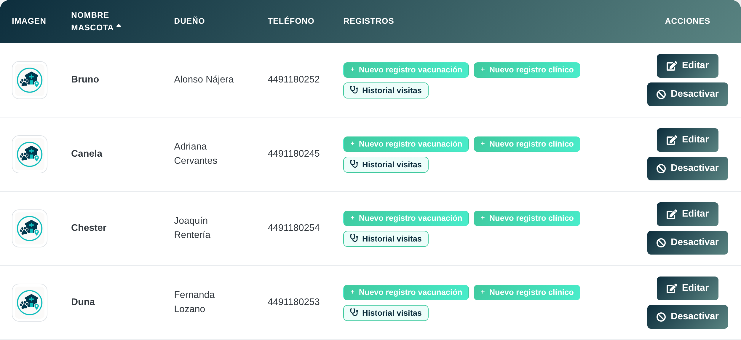 Listado de pacientes de Pawcitas con su dueño y su teléfono