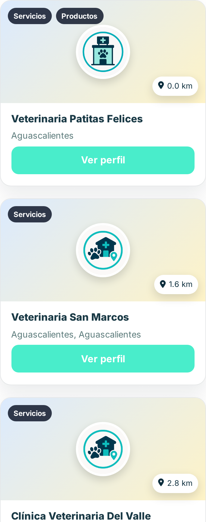 Portal de Pawcitas en el celular: buscar veterinaria y agendar
